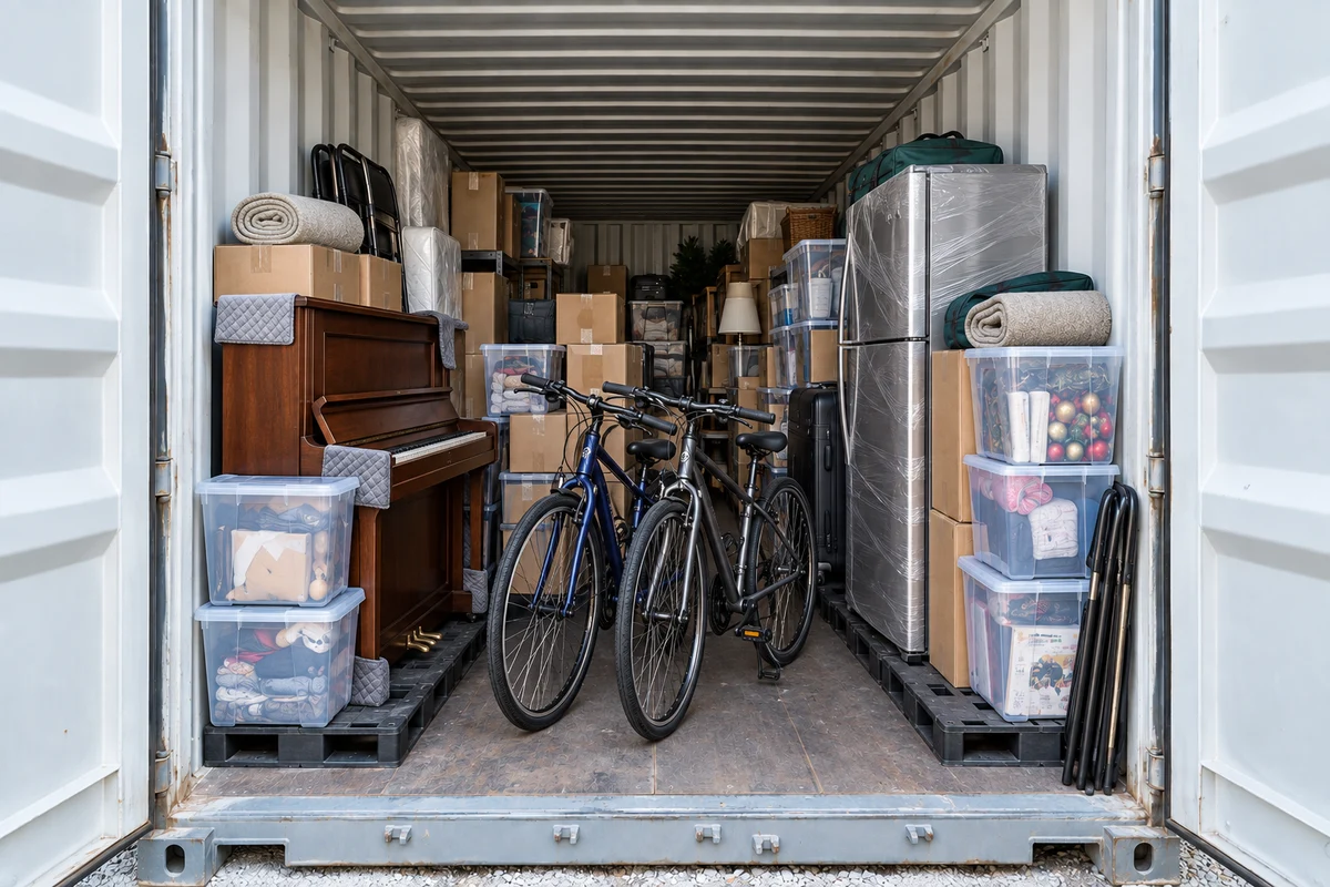 Furniture, a piano, bicycles, appliances and boxes inside a storage container