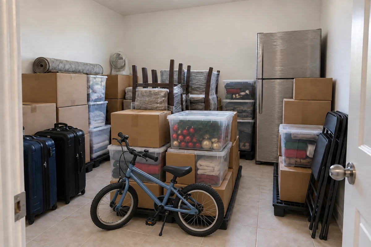 Household belongings, a bicycle and appliances stored in a room within a house